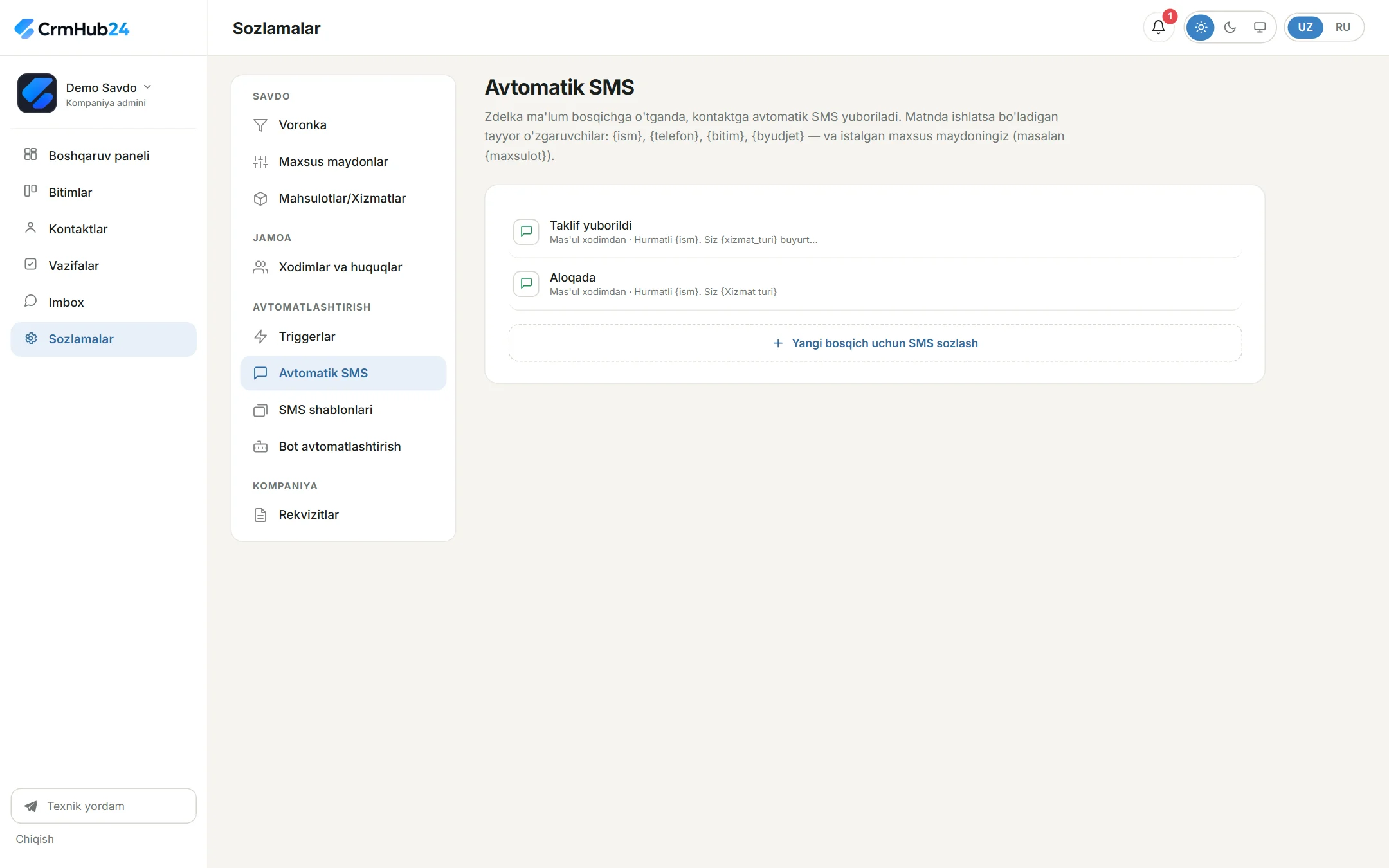 Avtomatik SMS — CallHub24